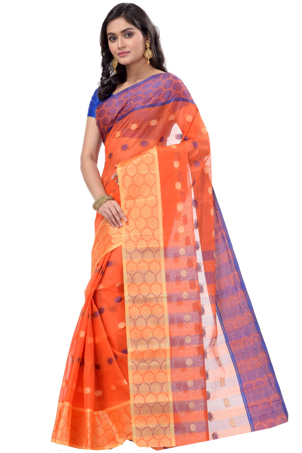 Orange Pure Cotton Ganga Jamuna Tant Saree (1864)